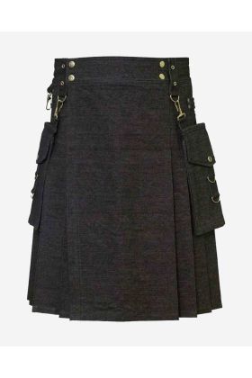 Black Denim Kilt With Detachable Pocket Back - Scot Kilt Store