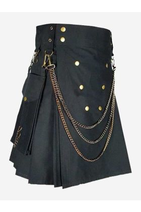 Black Fashion Modern Utility Kilt With Silver Chains - Scot Kilt Store