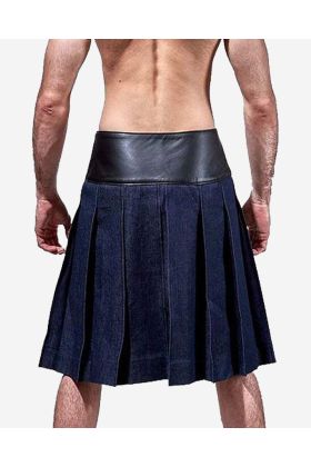 Blue Denim Leather Kilt With Leather Pouch - Scot Kilt Store
