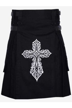 Mens Black Utility Kilt With Embroidered Celtic- Scot Kilt Store
