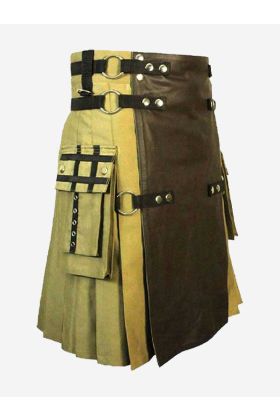 Khaki Fashion Tactical Hybrid Kilt With Front Leather Panel - Scot Kilt Store