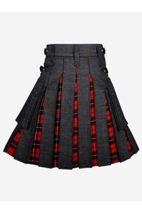 Fashionable Black Denim Kilt with Classic Wallace Tartan - Scot Kilt Store