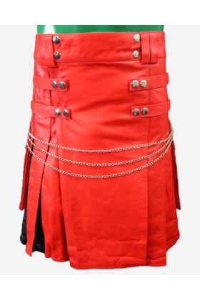 Red Hybrid Leather Kilt With Chain - Scot Kilt Store