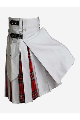 White Hybrid Kilt With Tartan Pleats - Scot Kilt Store