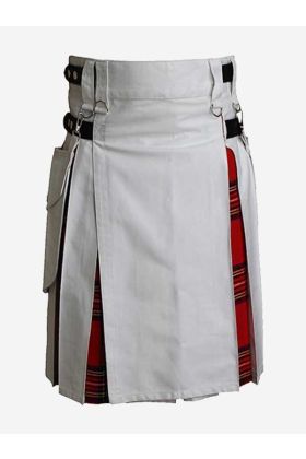 White Hybrid Kilt With Tartan Pleats - Scot Kilt Store