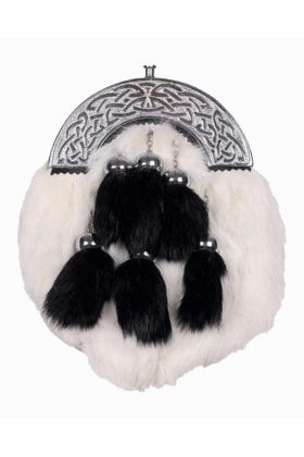 Chrome Celtic Cantle White Rabbit Sporran With 6 Black Fur Tassels -  