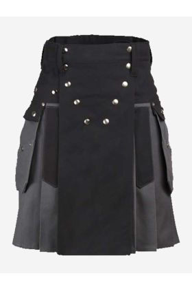 Grey And Black Cotton Utility Kilt -