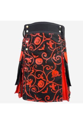 Jack O'Lantern Pattern Halloween Hybrid Utility Kilt -