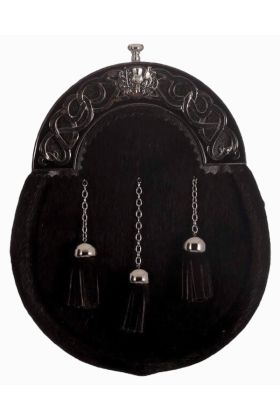 Full Dress Black Calfskin Chrome Thistle Weave Sporran Black Enamel -  