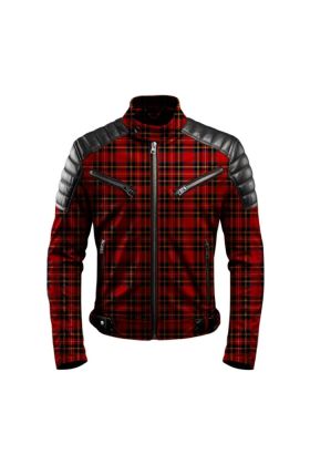Royal Stewart Cafe Racer Tartan Printed Leather Jacket -  