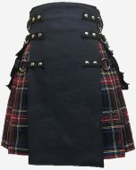 Black Kilt Stewart Tartan with Leather Pleats Leather Straps - Scot Kilt Store