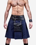 Blue Denim Leather Kilt With Leather Pouch - Scot Kilt Store