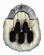 Chrome Celtic Cantle White Rabbit Sporran With 5 Black Fur Tassels - scot kilt store