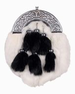 Chrome Celtic Cantle White Rabbit Sporran With 6 Black Fur Tassels - scot kilt store
